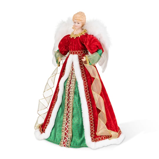 Glitzhome® 18" Faux Fur & PVC Traditional Christmas Angel Tree Topper with Porcelain Face